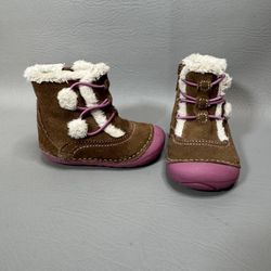 Stride Rite Soft Motion Lancia Pink Brown Suede Boots Faux Shearling Button 3-Mo
