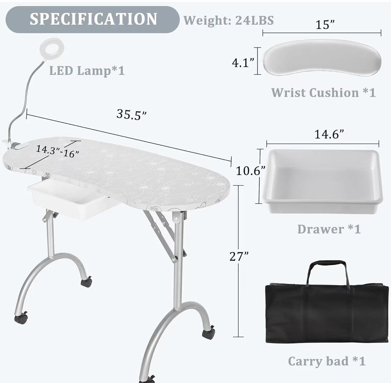 ✌️ Portable & Foldable Manicure Table Nail Desk on Wheels with Drawer, Updated USB-Plug LED Table Lamp, Client Wrist Pad, Carry Bag for Home Spa Beaut