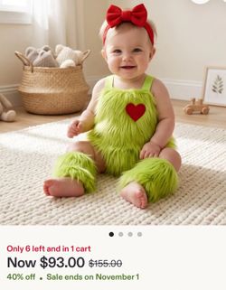 Halloween / Christmas Green Baby Toddler Grinch  Girls costume Sleeveless Plush Fur Romper Onesie Red Headband + Leg Warmer Set