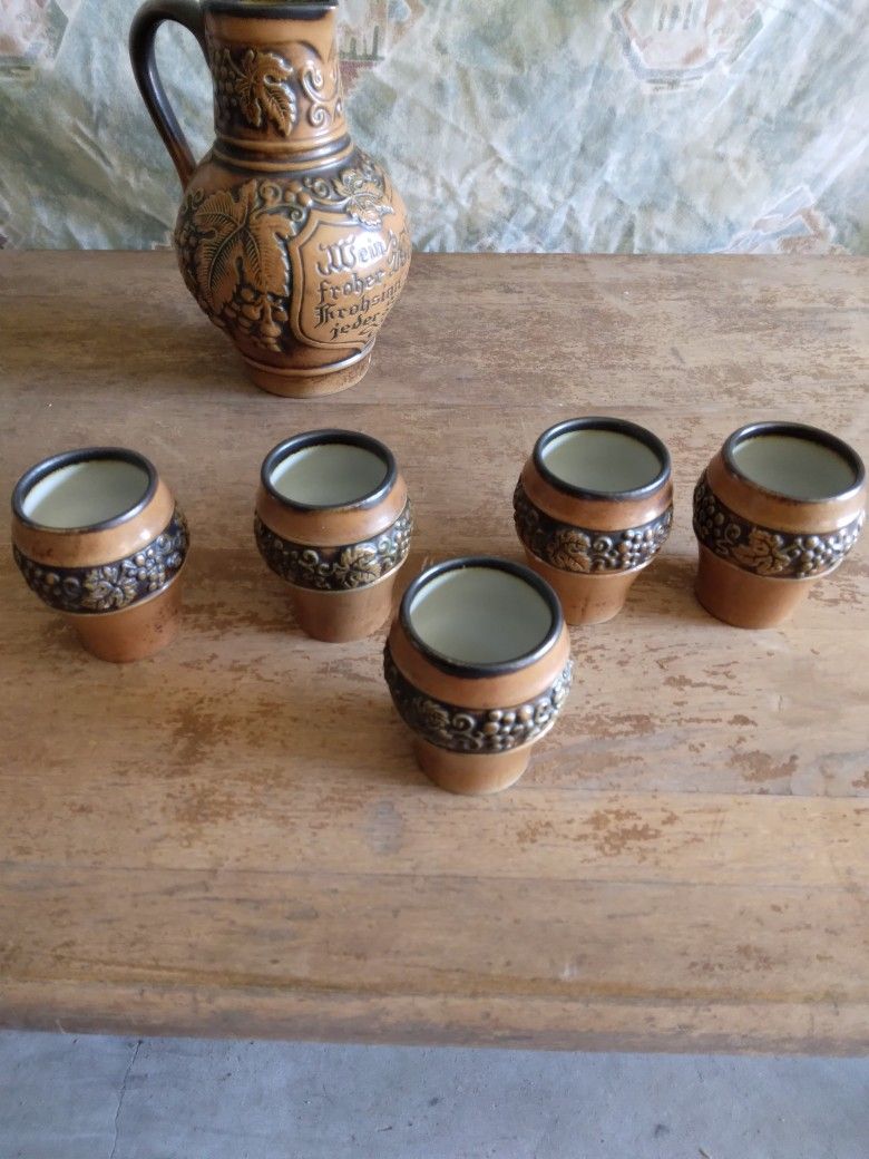 German Stoneware Wine Pitcher With 5 Cups