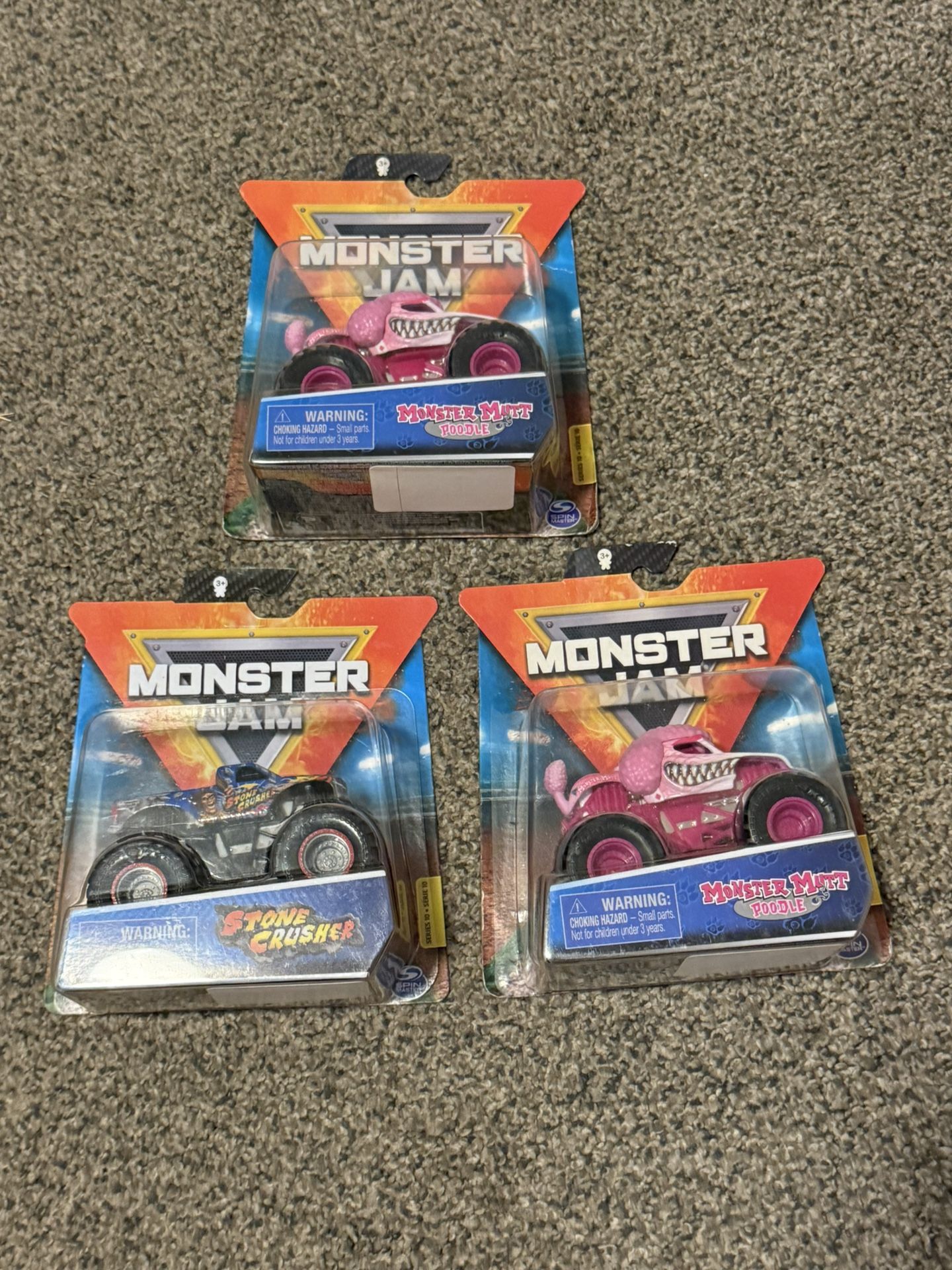 LOT OF 3 Monster Jam Monster Mutt Monster Truck 2x Pink Poodle & Stone Crusher