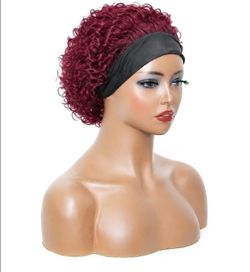 Burgundy Human Hair Headband Wig Curly Pixie Cut
