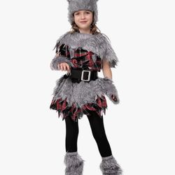 Faux Fur Werewolf Costume Set with Shawl Hat Dress Glove Leg Cover Halloween Wild Wolfie Animal Fancy Dress Costume