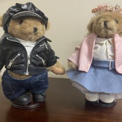 Pair of 2 Plush 13” Teddy Bears: Poodle Skirt, Saddle Shoes & Biker in Leather Jacket & Hat  Denim Pants