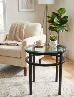 Round Glass Top Side Table Black Metal Base Modern Living Room End Table