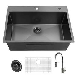 33 in. Drop-In Single Bowl 18 Gauge Gunmetal Black Stainless Steel Kitchen Sink with Black Spring Neck