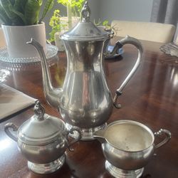 Vintage 3-piece Pilgrim Silverplate teapot/ Coffee Kettle, Sugar And Creamer