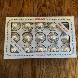 Set of 14 Vintage Holly Decorations Inc., Glass Ornaments Silver Bulbs 2 1/4” diameter 