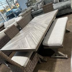 Beachcroft Black/Light Gray Outdoor Dining Table, 4 Chairs And Bench