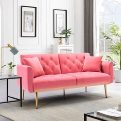 Peach Velvet Tufted Sleeper Loveseat Sofa / Futon w/ Gold Legs [NEW IN BOX] <Assembly Req'd>