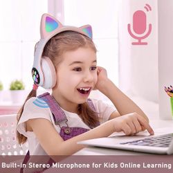 Kids Bluetooth Wireless Over-Ear Cat Ear Headphones with Microphone for Kids Teens Adults (Pink) NEW