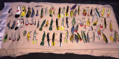Over 80 Fishing Lures with Boxes and Hangers