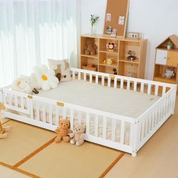 Lilypelle Twin Floor Bed for Kids, Montessori Floor Bed with Guard Rails, Floor Bed Frame for Boys & Girls,White