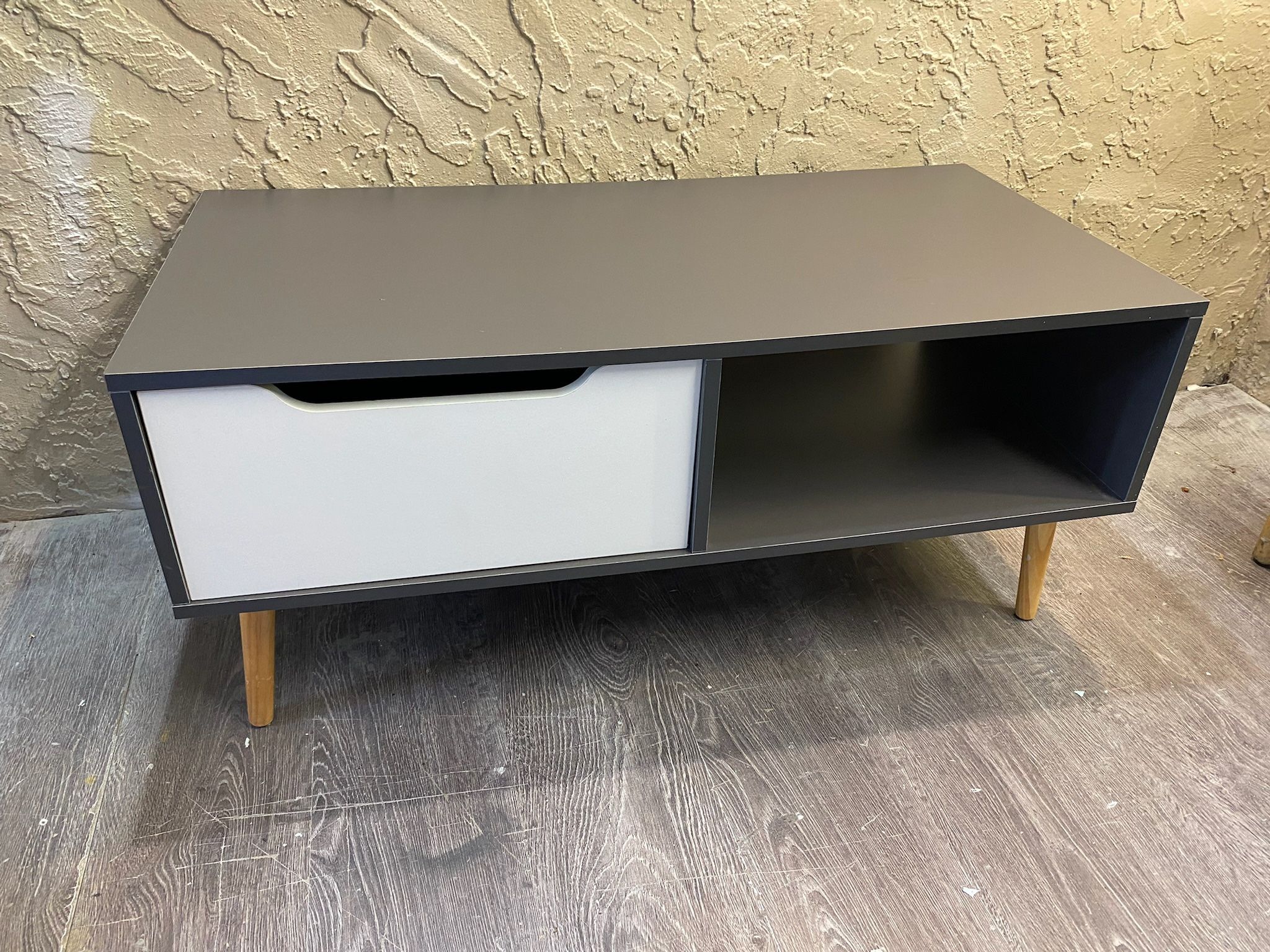 Modern Coffee Table with Open Storage Shelves & Once Large Drawer that Opens on Both Sides of Table