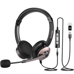 USB Headset With Microphone For PC, Computer Headset With Mic Noise Canceling & Volume Control, 3.5 mm Wired Headphones