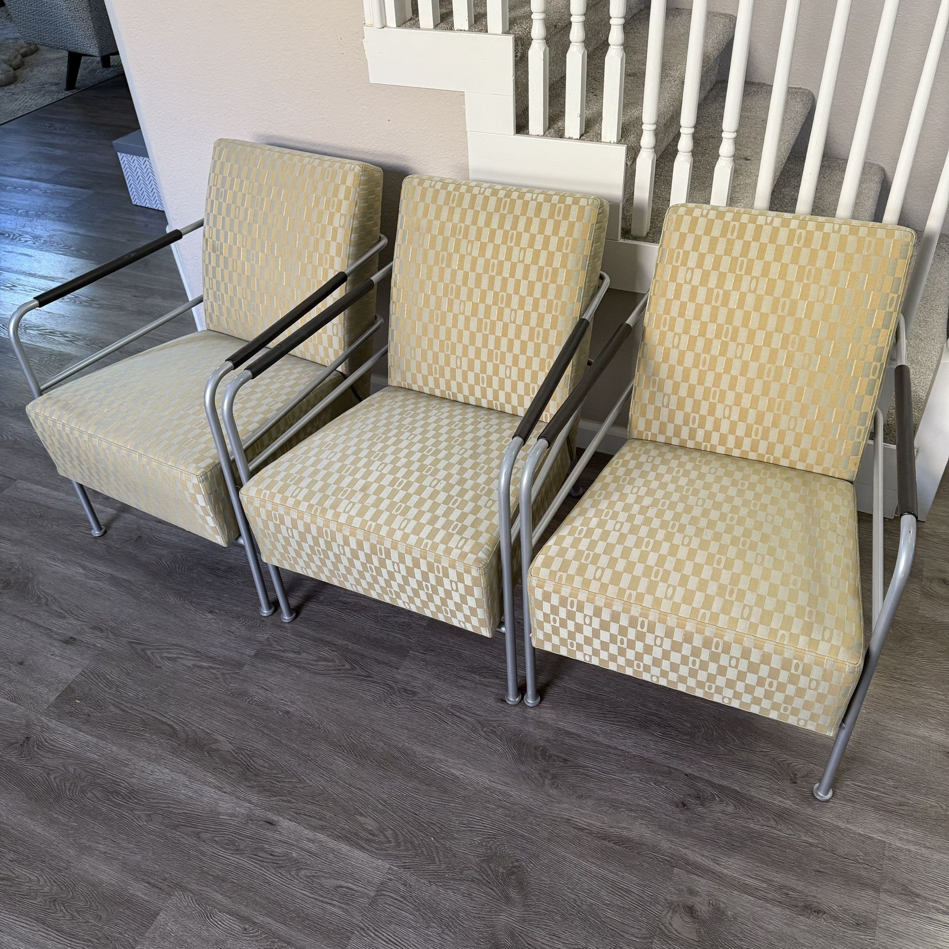 3 Cinema Easy Chairs by Gunilla Allard for Lammhults 1990s.  Fabric is in excellent condition, a few small scuffs and scratches on metal and arms