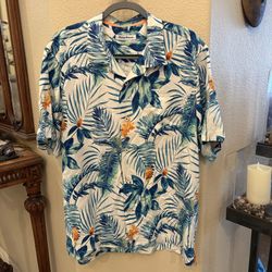 Tommy Bahama Men Blue and Orange 100% Silk Hawaiian Buttoned Shirt Size Large