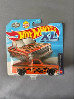 NEW 2026 Hot Wheels XL '83 Chevy Silverado Pickup Truck Orange W/ Flames