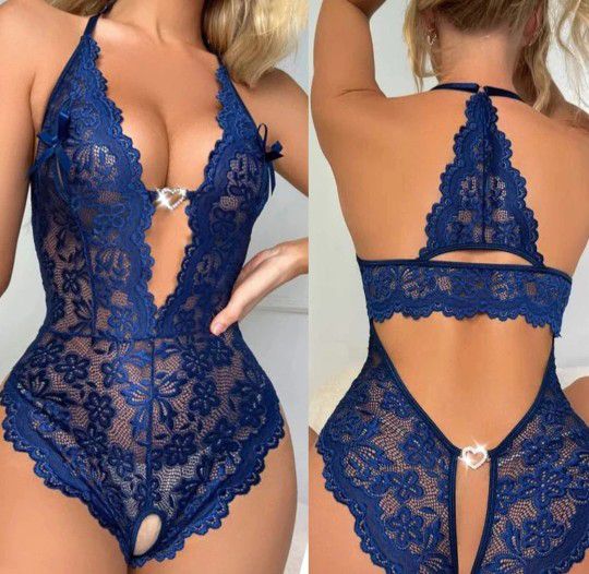 Blue Lace Women's Bodysuit Lingerie Pajama Underwear M L Gift