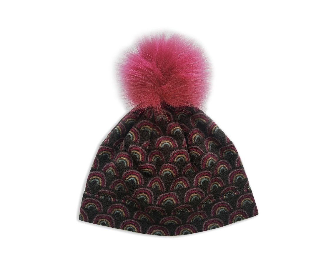 Girls One Size Beanie Rainbow Hat With Fax Fur Pom Pom