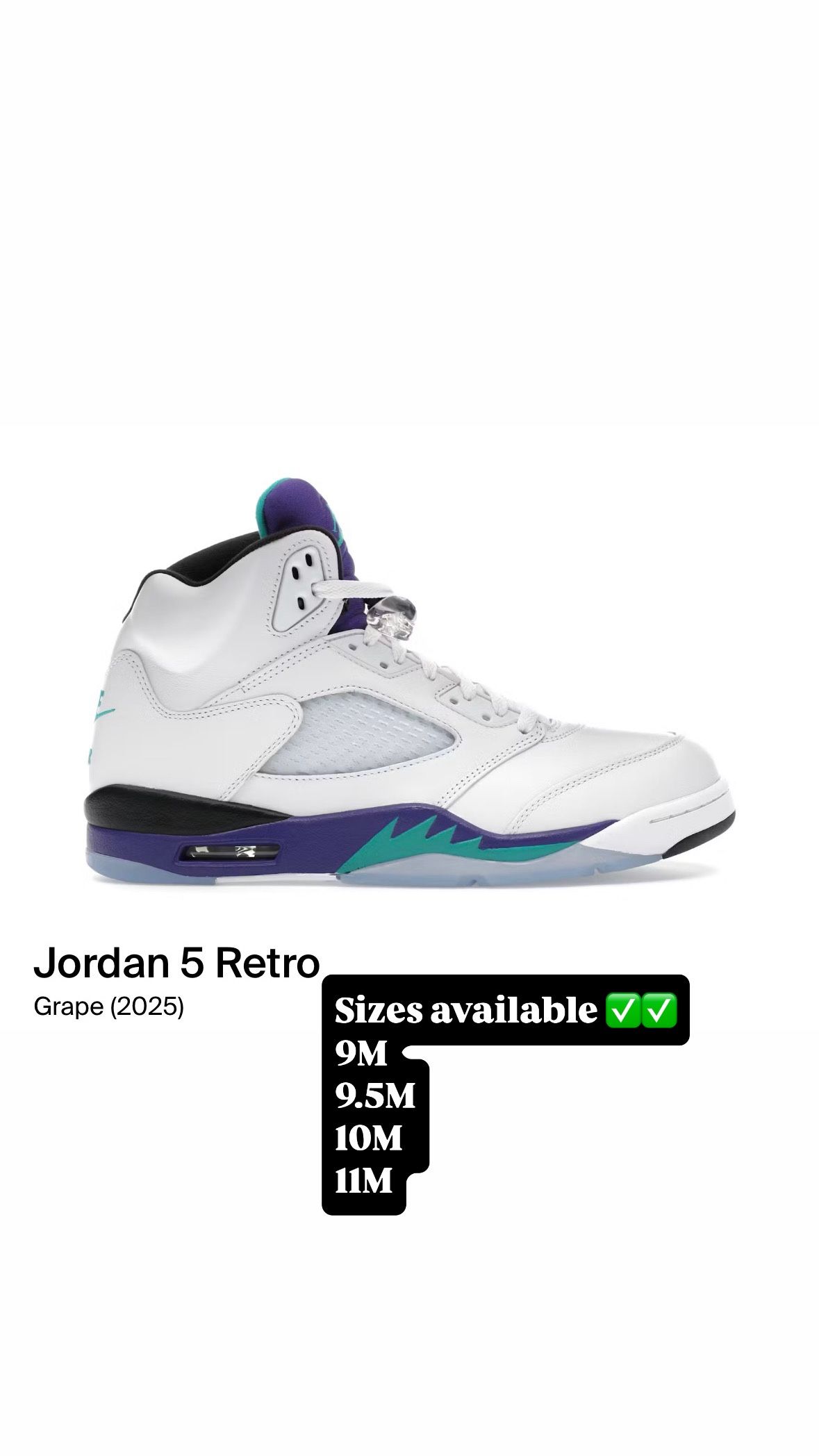 Air Jordan 5 Grape 2025 Sizes 9M 9.5M 10M 11M
