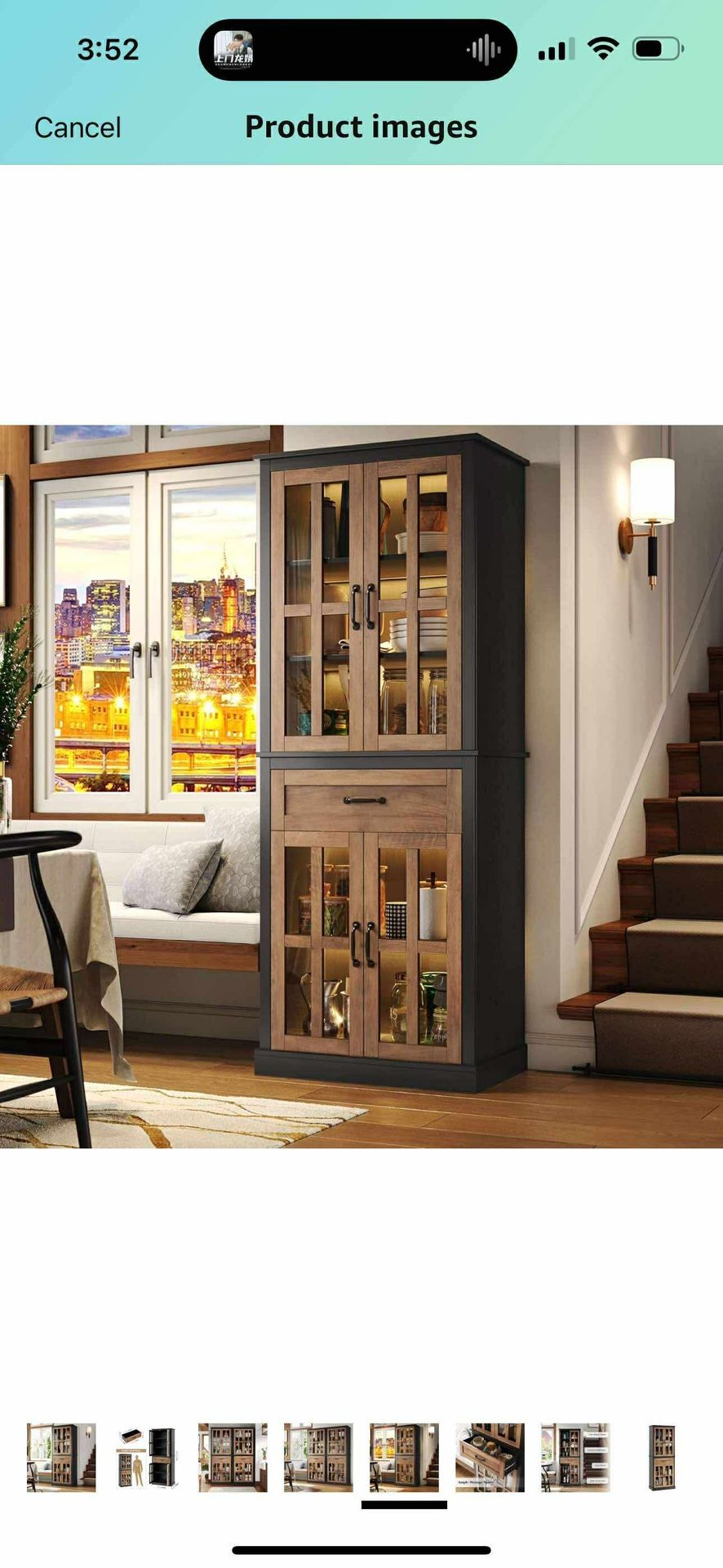 71'' Tall Kitchen Cabinet with Glass Doors and Drawer, Freestanding Food Pantry with Adjustable Shelves for Dining, Living Room, Natural
