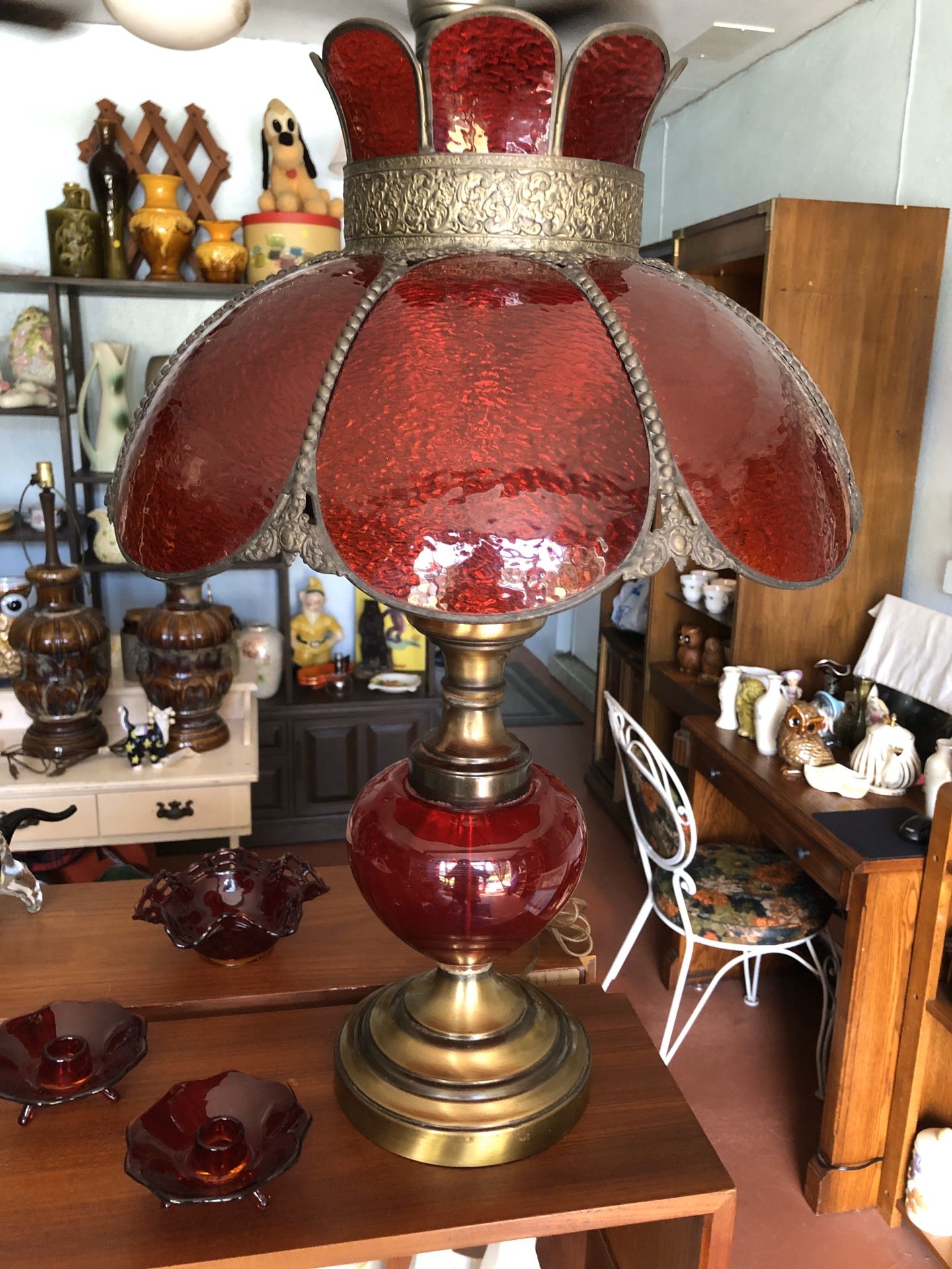 Vintage Antique Ruby Red Glass Table Lamp W/ With Brass And Wrought Iron .