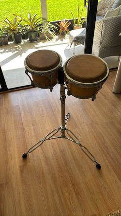 Groove Percussion Wood Bongos with Tripod Stand - Natural Finish