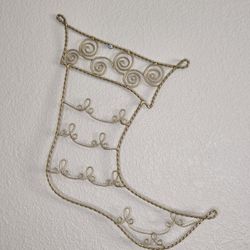 Pier 1 Gold Scrolled Metal Wire Christmas Stocking Shaped Card Holder Wall Decor