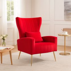 New Velvet Wingback Accent Chair with Golden Legs and Lumbar Pillow, High Back Upholstered Armchair for Living Room or Bedroom  New in box 6030-RD Hom