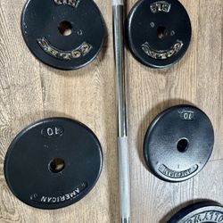 BRAND NEW 5 ft Silver Standard Bar & VINTAGE Weight Plates: 25s, 10s And 5s. (Total: 97 lbs)  