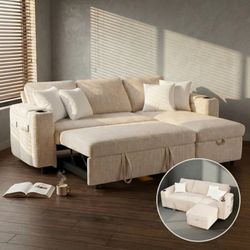 82" Sleeper Sofa Bed with Pull Out Couch, L-Shaped Sectional Sofa with Reversible Storage Chaise, Cup Holders & Side Pockets, Premium Chenille Fabric,
