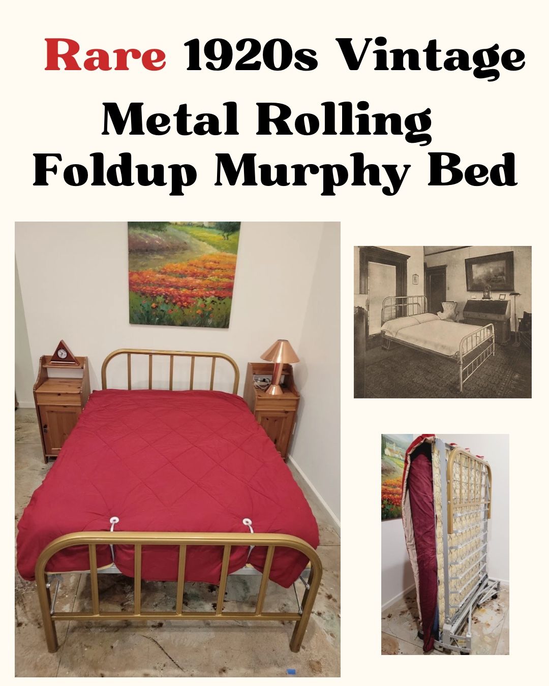Rare 1920s Vintage Beautifully Restored Metal Rolling Murphy Bed