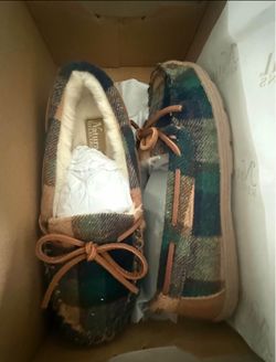 Natural Reflections Scottie Moc Slippers 7M Tan & Green Plaid