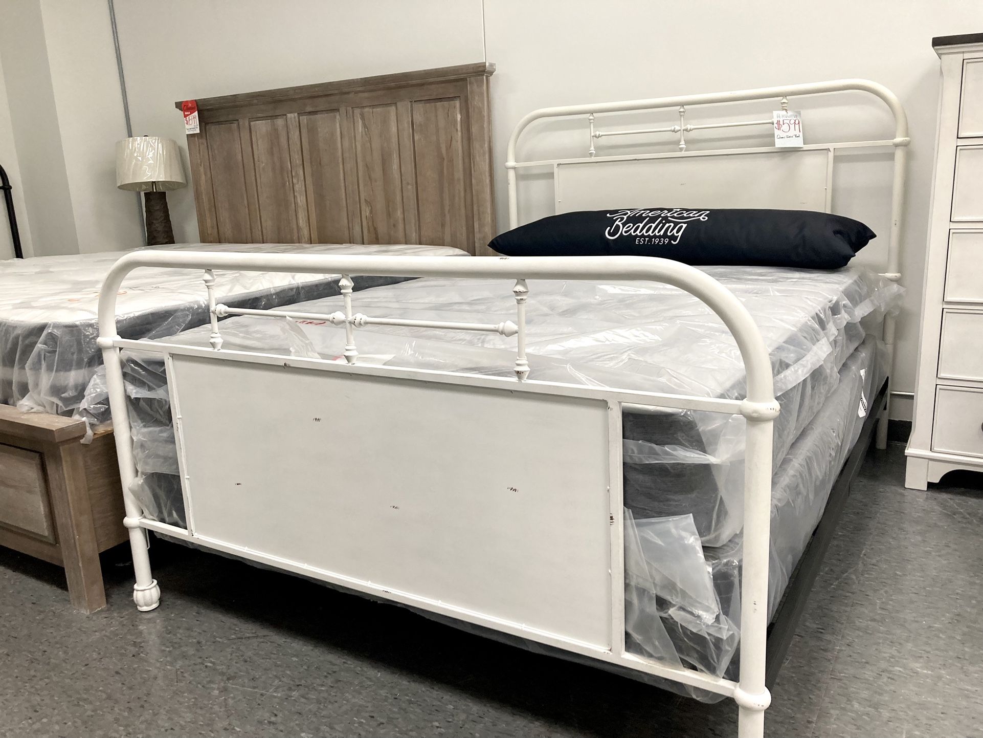 New Queen Iron Bed — Antique White