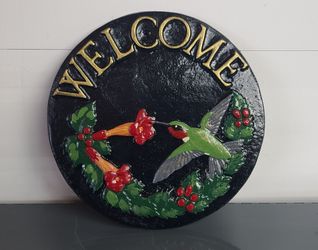 Beautiful Welcome Hanging Plaque With Painted Hummingbird