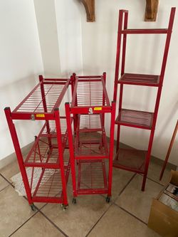Matching Red Metal Storage Set – IKEA Lerberg Ladder Shelf & 2 Rolling Utility Carts