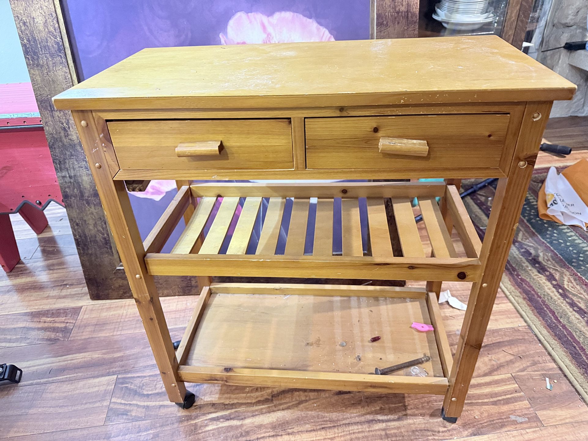 Rolling Wood Utility Cart – Two Drawers & Shelves