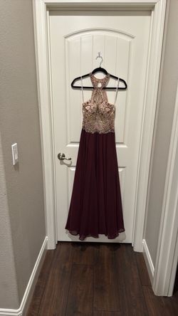Burgundy Beaded Halter Formal Gown