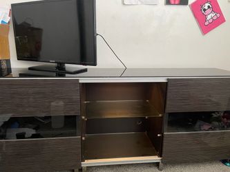 Modern Dark Wood Grain TV Stand with Glass Shelves and LED Lighting