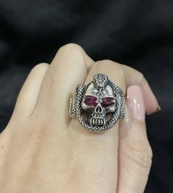 925 Sterling Silver Mens Biker Goth Red Eyes Skull with Snake Serpent Ring Sz 9