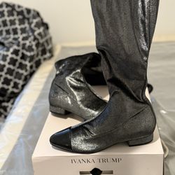 Silver/Black Toe Thigh High Boots-Flat/No Heel