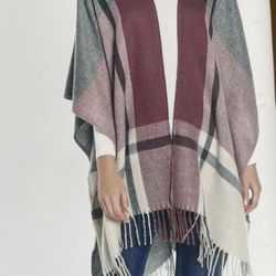 Three Dots Cashmere Blend Wrap with Fringe Plaid - New in Packaging