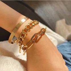 Punk Style 3pcs/Set Curb Cuban Multilayer Link chain bracelet, Gold Color