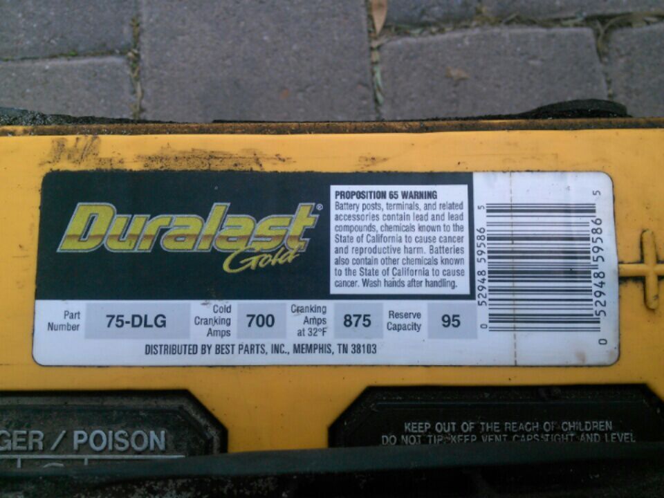 Duralast Gold Battery 75-DLG 700 cca side post.