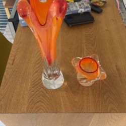Vintage Czech Orange Glass Vase Set 