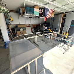 Large, Multi Section Stainless And Glass Desk Set With 2 Keyboard Trays