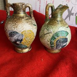 Set Of 2 5.5 Inch Handmade Hand Painted Hand Etched Greek Ceramic Collectible Vases Imported From Greece