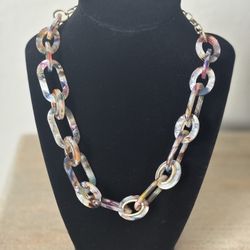 Loft Chain Link Gold Tone Multi-Colored Tortoiseshell Acrylic Chunky Necklace