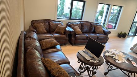 Brown Leather Sofa Set with Nailhead Trim